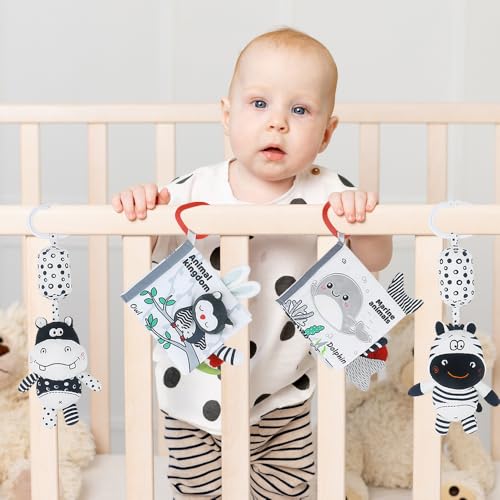 Image of Baby Hanging Rattle Toys, Black and White High Contrast Baby Toys, Stroller Mobile Toy with Soft Plush Animal Rattles and Soothing Sounds, 4 Pack (Animal)