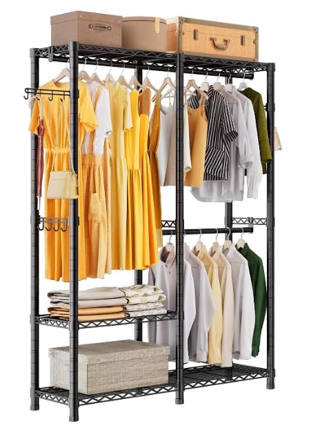 Heavy Duty Clothes Rail, 3-Tier Adjustable Wire Shelving, 2 Hanger Rods, Side Hooks, Black