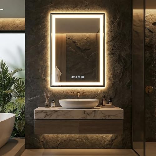 YOURLITE LED Badspiegel mit Beleuchtung 80x60,Badezimmerspiegel Led Badspiegel,Touch-Schalter,Uhr,Wandspiegel mit Antibeschlag,3 Lichtfarben Dimmbar,Spiegel Bad mit Licht,Speicherfunktion,Badezimmer