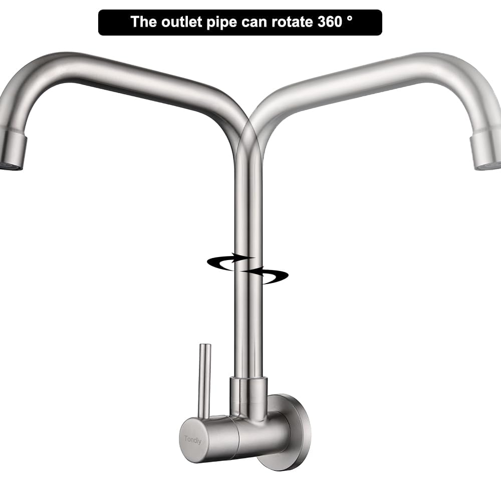 Grifo Cocina de Pared Solo Agua Fría, G 1/2" Grifería para Fregadero Giratorio a 360​°, Monomando Acero Inoxidable 304, Aireador Extraíble, Cepillado