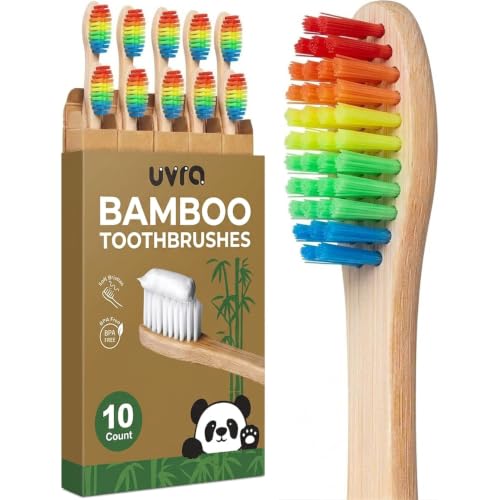 uvra Bamboo Toothbrush 10 Pack Manual Toothbrushes for Adults Plastic Free Toothbrush Oraganic Bamboo Tooth Brush Wood Toothbrush (Rainbow)