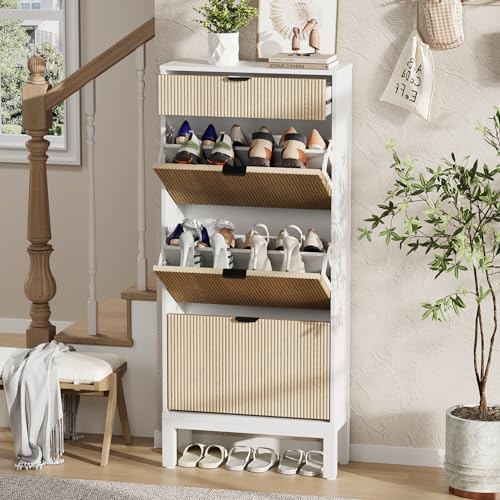 GAOMON Shoe Cabinet with 3 Flip Drawers, Entryway Cabinet with Adjustable Shelves, Accommodate 12 to 18 Pair of Shoes, Space-Saving Slim Shoe Cabinet for Entryway, Hallway, Front Door, White Oak