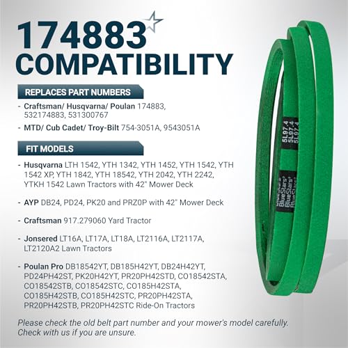 Image of [Upgraded Grip120] BlueStars 174883 Mower Deck Drive Belt 5 /8 inch x 97.4 inch | Drive Belt Fits 42 inch Deck Husqvarna YTH1542XP YTH1542 532174883 531300767 Craftsman Poulan Jonsered Lawn Mowers Aramid Cord