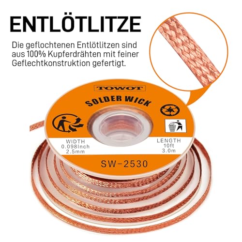 TOWOT 10ft Entlötlitze & No-Clean Lötflussmittel-Paste (10cc) – Entlötkit für Elektronikreparaturen und Reparaturen von Haushaltsgeräten