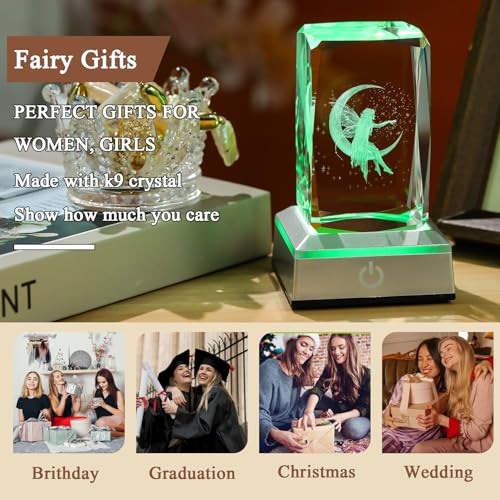 Image of 3D Crystal Cube Fairy Night Light Room Decor Paperweight Figurine Statue Gifts for Adults Girls - Engraved Glass Collectible Ornament Gifts for Fairy Lovers