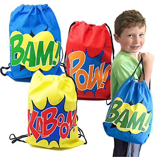 Podzly - 12 Superhero Drawstring Bag Party Favors - Cute Cinch Sling Backpacks for Boys, Girls, Kids - Birthday Gift Bags, Little Superhero Toddler Gift - Ideal for School, Beach, Trips, and Parties.