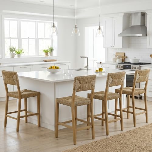 DUHOME Rattan Bar Stools Set of 4 24 Bohemian Counter Height Stool with Woven Seagrass Seat and Back Solid Wood Legs and Footrest for Kitchen Island Dining Room Home Bar