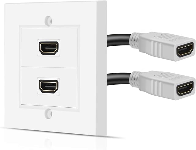 TNP HDMI Wall Plate - Dual (2 Port) HDMI Socket Plug Jack Outlet Decorative Face Cover Mount Panel with 4K UHD ARC/eARC Ethernet Pass-Thru Support Flexible High Speed Extension Pigtail Coupler Cable