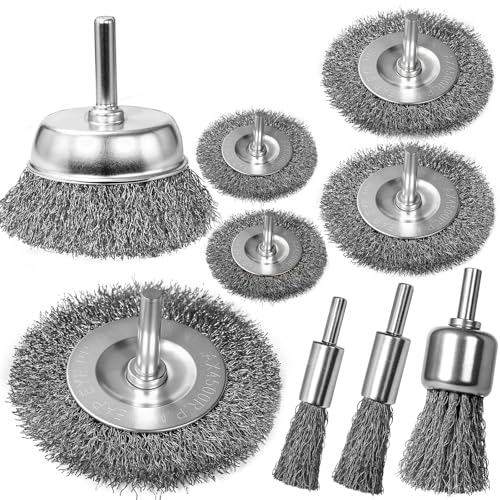 SBGGRL Drahtbürste Für Bohrmaschine mit 6mm Schaft, 9 Stück grob gewellter Karbonstahl-Schleifscheibenaufsatz Akkuschrauber Drahtbürstenaufsatzber für Polier Schleifen Entrosten Entgraten Farbe