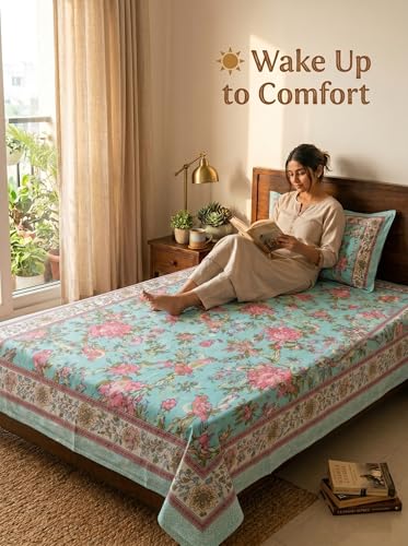 Image of Mafatlal 144 TC Heritage 100% Pure Cotton Jaipuri Bedsheet with Pillow Cover (90x60 inches) | Soft & Breathable Fabric | Traditional Floral Print | Teal Blue