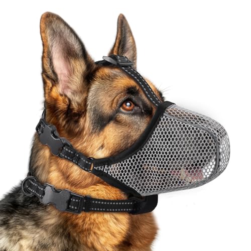 Image of Dog Muzzle,Mesh Soft Muzzle for Small Medium Large Sized Dogs, Breathable Reflective Adjustable Puppy Muzzles with Collar for Scavenging Grooming Biting Chewing,Allows Panting and Drinking(Grey L)