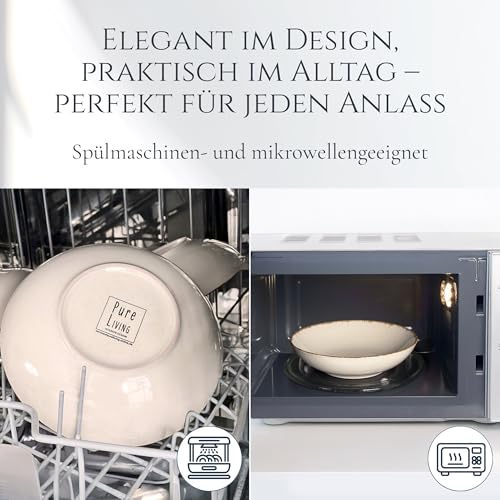 Steingut Suppenteller 6 Personen Rustic TESTSIEGER, Hochwertiges Landhaussttil Steingut Tiefe Teller Set, Pasta Teller Tief Groß - Pure Living in Beige