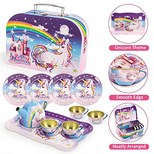 Springflower Tea Party Set For 3 4 5 6 Years Little Girls,Unicorn Gift Pretend Play Toy Including-Tin Tea Set & Carrying Case & Desserts,Kitchen Pretend Play Toy For Kids,32 Pcs #TOP2
