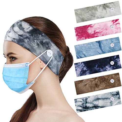 6 Pieces Tie Dye Bohemian Button Headbands Elastic Yoga Sports Hairbands Ear Protection Holder Hair Band Headwraps for Women Girls (Assorted Tie-dye Style)
