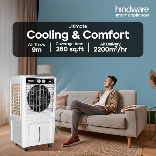 Image of Hindware Smart Appliances Xeno 55L Personal Air cooler | Fan Based | 13 Inc. Fan Blade and Ice Chamber | White & Grey