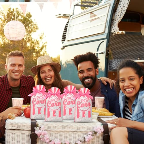 Image of 50 Pcs Popcorn Plastic Bags Circus Carnival Party Goodie Bags Bulk Movie Night Popcorn Container for Carnival Movie Night Theater Halloween Party Supplies (Pink)