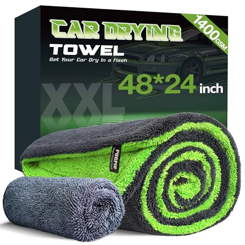 PUGPIU Microfiber Car Drying Towel Extra Large Super Absorbent 48X24 1400 GSM Flash Detail Car Wash Drying Towel Edgeless with Two Sided Soft Twisted-Loop No Water Spots Streaks for Cars (Green)