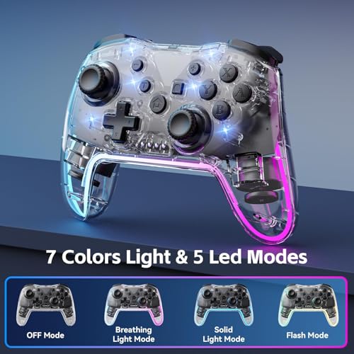Image of Wireless Pro Controller for Switch /Lite /OLED /PC /Android /iOS - Ergonomic Gamepad with 7 Color RGB Lighting, Turbo /Vibration Adjustment & One-Key Wake-Up Function
