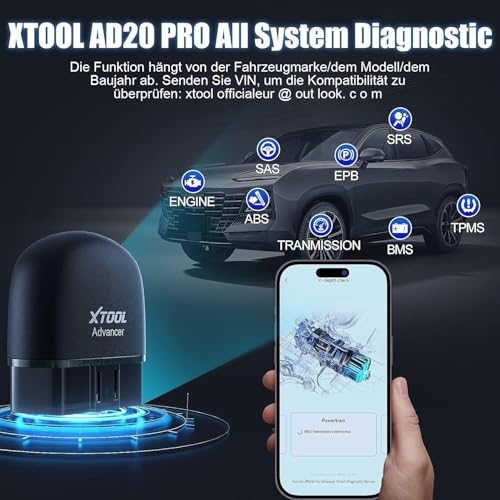 XTOOL AD20 Pro OBD2 Diagnosegerät Auto Scanner Alle System Scan, Obd2 Auslesegerät mit DTC-Definition, Öl-Reset, 13+ Sprachen, Spannungserkennung, Lebenslange Kostenlose Updates, für iOS und Android