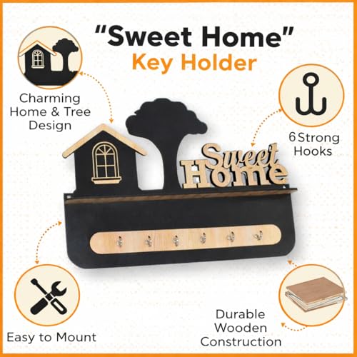 Image of CraftVatika Key Hangers for Wall with Shelf Key Holder, Wall Mounted Decoration Key Chain Stand Wood Keys Organizer 6 Stainless Steel Hook Decorative Items for Living Room Home Decor, Wall Decor