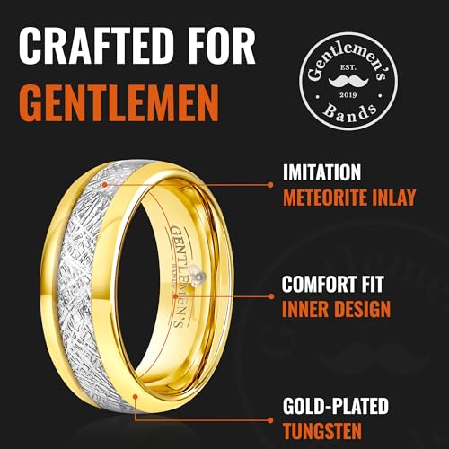 Men's Tungsten Carbide Wedding Band With Meteorite Inlay - Premium Grade Gold Tungsten & Meteorite Wedding Ring - Includes Silicone Band, Leather Drawstring Pouch, & Luxury Walnut Box3