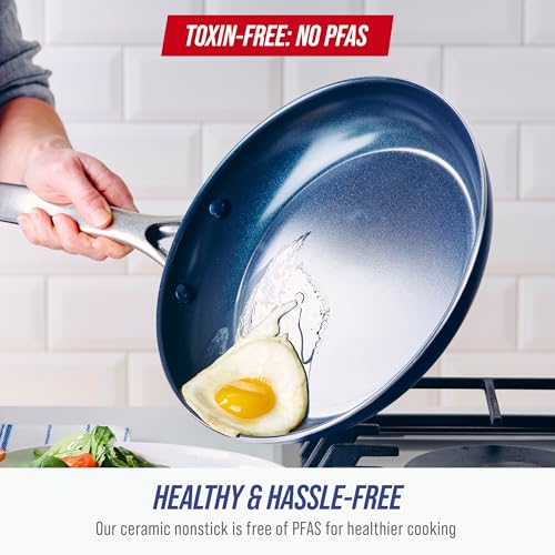 Image of Blue Diamond 12 inch Nonstick Frying Pan with Lid, Diamond Infused PFAS & PTFE-Free Ceramic Skillet, Dishwasher & Oven Safe, Stay Cool Handle, Durable Non Toxic Metal Utensil Safe, Glass Lid, Blue