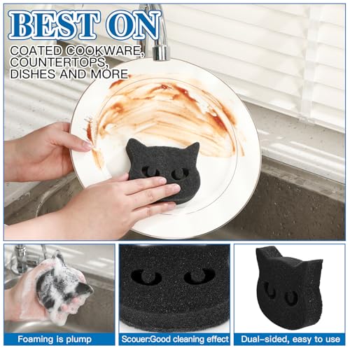 Image of Tioncy 12 Pack Black Cat Sponges Bulk Dual Sided Scrubber Sponges Dishwashing Non Scratch for Cat Kitchen Accessories Dish Scouring