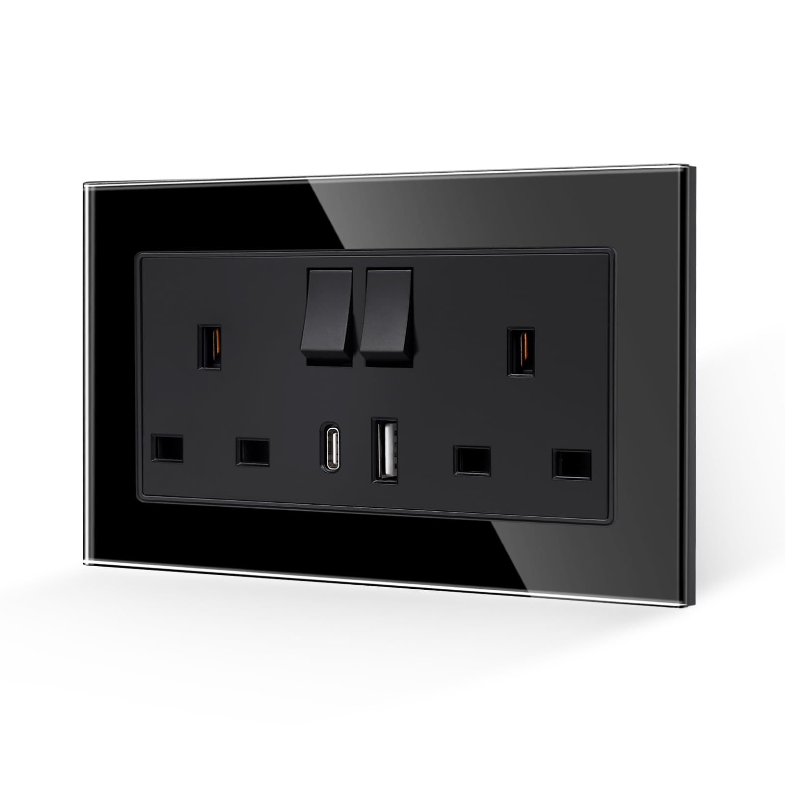 CNBINGO Glass Black Double Socket with USB,Electrical Power Wall Outlets