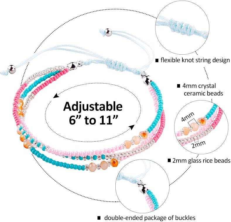 Miniatura 4 de 5 tobilleras con cuentas, pulsera ajustable hecha a mano para mujer, pulseras únicas de cuentas coloridas