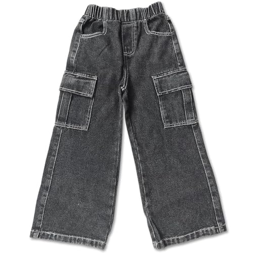 Boys Girls Cargo Jeans Y2k Baggy Denim Pants Multi Pockets Wide Leg Loose Boyfriend Jeans for Kids 2-12 Years2