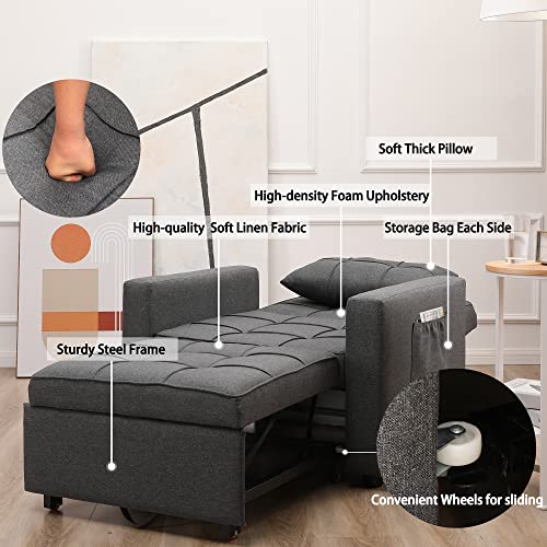 Mu Convertible Chair Bed 3-In-1, Folding Sleeper Sofa Chair Bed, Multi-Functional Adjustable Sleeper Chair With Pillow And Pocket, Single Bed Chair For Apartment, Living Room, Dark Grey #TOP5