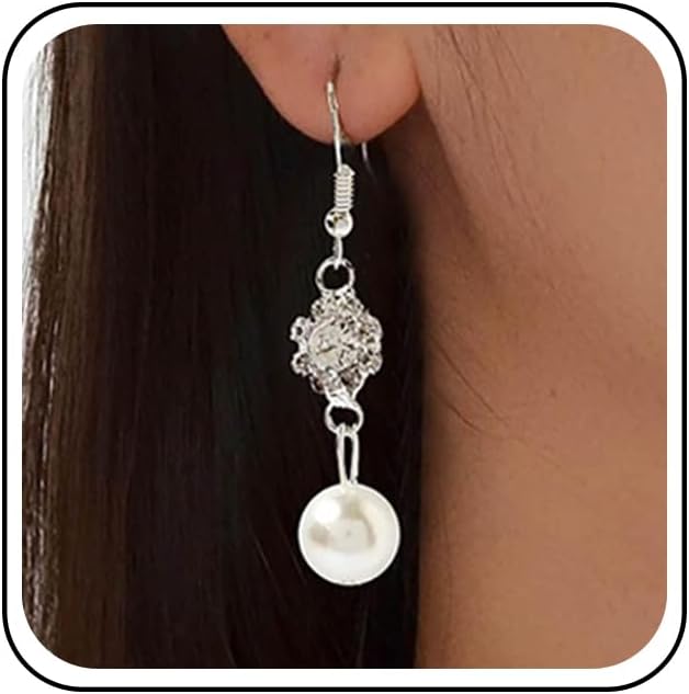 Andelaisi Boho Crystal Pearl Dangle Earrings Silver Rhinestone Pearl Drop Earrings Vintage Crystal Hook Earrings Sparkly Cz Pearl Earrings Jewelry for Women