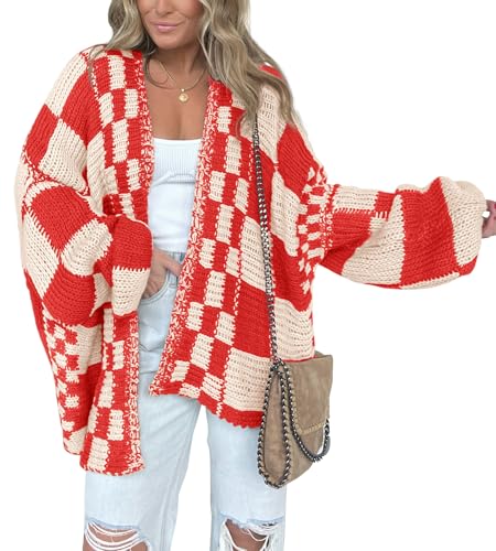Image of BTFBM Casual Cardigan Sweater for Women Fall 2026 Long Sleeve Open Front Chunky Knit Sweaters Checkered Outwear Coat