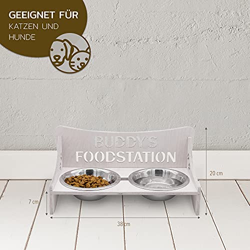 Futterbar für Hunde und Katzen – Personalisierbar – aus Holz – Schwarz, Grau, Natur – Groß und Klein – Futternapf aus Metall (Klein, Grau)