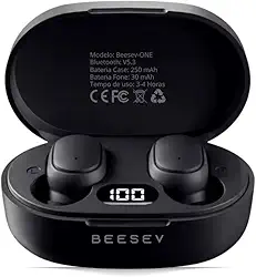 Fone de Ouvido Bluetooth 5.3 TWS Sem Fio Wireless Com Visor Graves Potente Compatível com iOS e Android, Beesev-ONE (Preto)