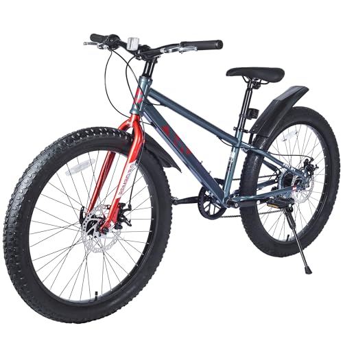 MAKELEN 24x3.0 Fat Tire Kids Mountain Bike Snow Bike Beach Bike for 10-15 Years Old Steel Frame Disc Brake Bike 7 Speeds, Grey&Red