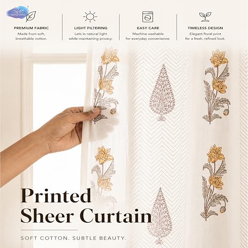 Image of Clasiko Block Print Sheer Door Curtains; 40% Light Filtering Linen Textured Curtains with Eyelets; Set of 2; 54x108 Inches / 9 Feet; Kalamkari Leaf
