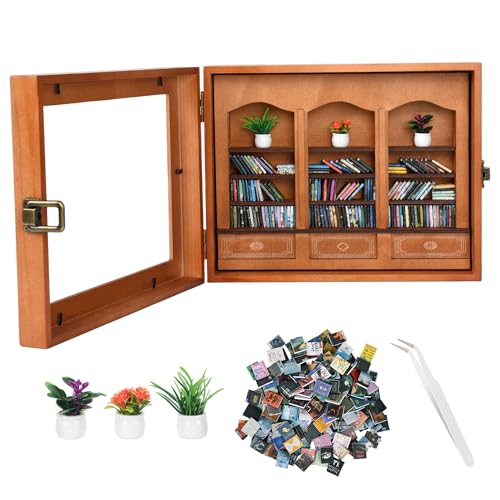 Pawnoc Anxiety Bookshelf with 200 Mini Books Mini Library Decor Shake Away Your Anxiety Includes 1 Bookshelf 3 Plant Flowers and 1 Tweezers Perfect for Book Lovers Students Family and Friends