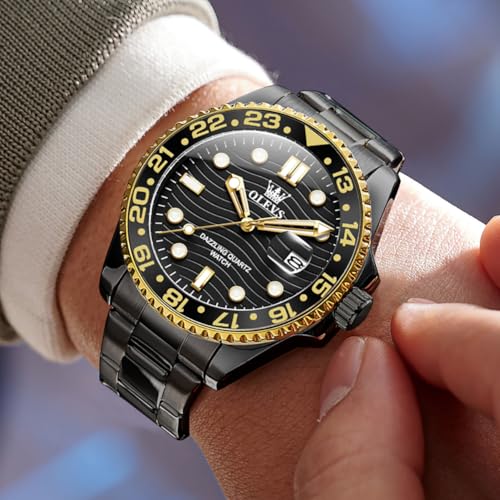 Image of OLEVS Mens Black Watches Classic Stainless Steel Analog Male Watch Waterproof Luminous Date Luxury Business Wrist Watch for Male Set