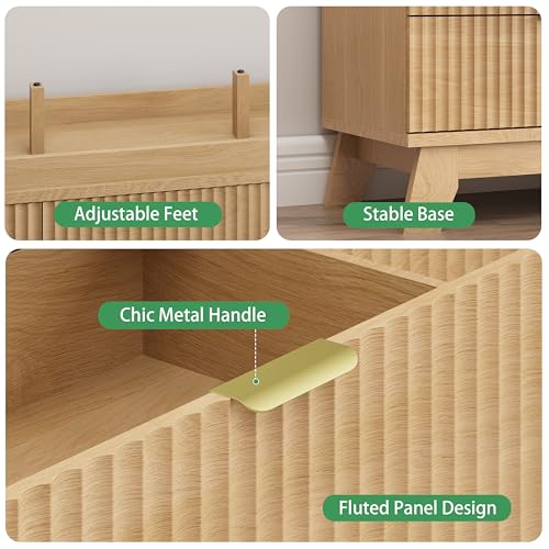 Image of Fluted Dresser for Bedroom with 9 Drawers, 57 inch Wide Modern Chest of Drawers with Metal Handle, Wooden Dresser TV Stand, Wood Closet Clothes Storage Organizer for Living Room, Hallway, Natural Oak