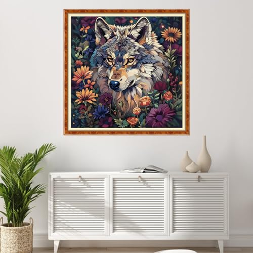 Image of Findvoor Stamped Cross Stitch Kits for Beginner Embroidery Kits for Beginners Adults DIY 11CT Cross Stitch Patterns Needlepoint Kits Crossstitching Kits-Flower Wolf 18x18 inch