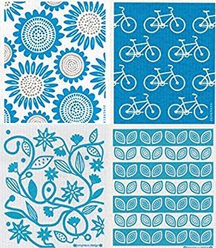 Swedish Dishcloth - Set (TU) of 4 Turquoise Sunflowers, Daisies, Heart, Bikes