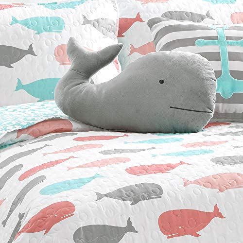 Lush Decor Whale Kids Reversible 5 Piece Quilt Bedding Set With Sham And Decorative Throw Pillows, Full/Queen, Pink & Aqua #TOP6