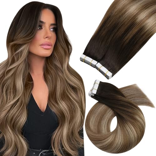 Image of Moresoo Mocha Brown Balayage Tape Hair Extensions, 14 Inch, 40Pcs, 80g | Human hair tape in extensions, remy straight texture, invisible skin weft, glossy finish, full volume, polished style