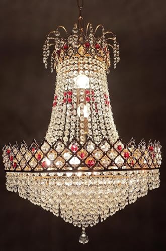 Image of ONFLOW AETERNA LUX Empire Crystal Chandelier with Ruby Red Accents - 32 inch Diameter x 45 inch Height - Elegant Gold Finish Hanging Ceiling Light for Living Room, Dining Hall, and Hotel Lobby (RED Shot)