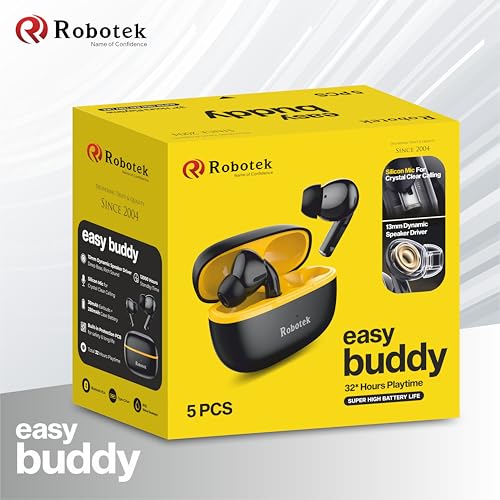 Image of Robotek EasyBuddy True Wireless Earbuds | 32 Hours Playtime, Water Resistant | Silicon mic for Crystal Clear Calling | Lightweight & Durable Design (Black)