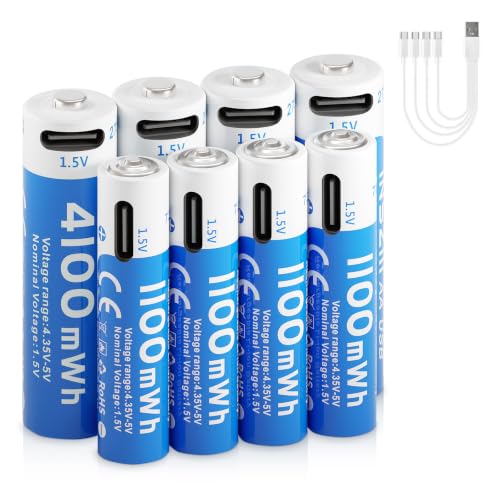 INSZIII 4100mWh AA and 1100mWh AAA Lithium Batteries Rechargeable Combo 8 Pack 1.5V USB C Double A Triple A Batteries Long Lasting 1200 Cycles High Capacity Battery for Smart Door Lock (4AA & 4AAA)