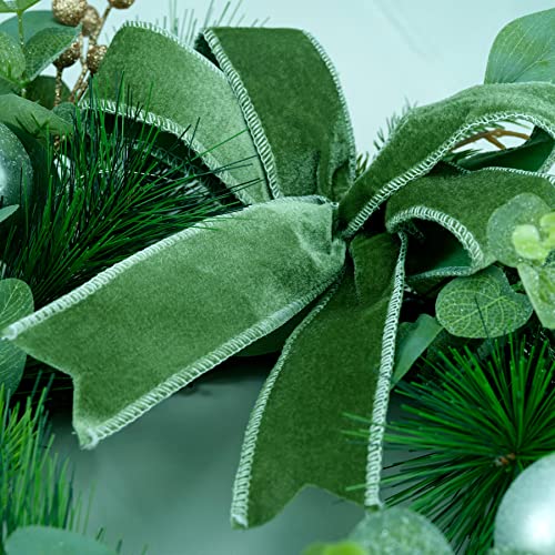 Yuletime 20" Pre-Lit Christmas Wreath, Battery Operated With 10 Fairy Lights, Green Bow, Silver Baubles, Pine Cones, White Mistletoe, Golden Berries, Eucalyptus Leaves, Spruce Branches, Pine Needles #TOP4