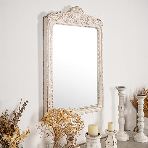 Vintage Wood Framed Arendahl Mirror For Wall 24" X 36", Hanging Distressed White Rustic Arched Wall Mirror, Ornate Baroque Bathroom Mirrors, Traditional Wall Mirrors Decorative For Bedroom Living Room #TOP4