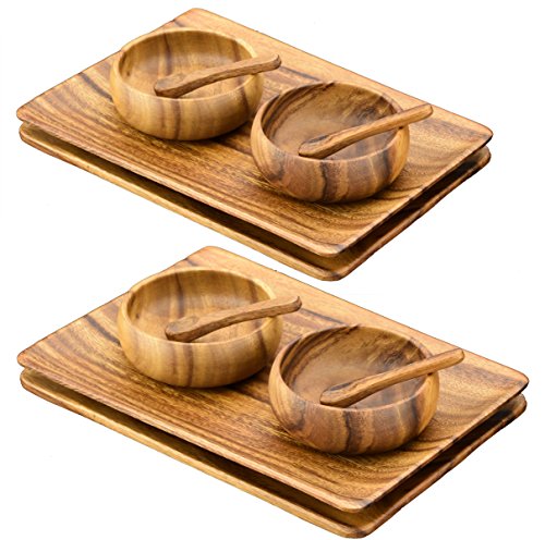 PACIFIC MERCHANTS Acaciaware Acacia Wood Appetizer Serving Trays Cheese Plates with Dipping Sauce and Nut Bowls with Spoons Set of 4 12 pc Total